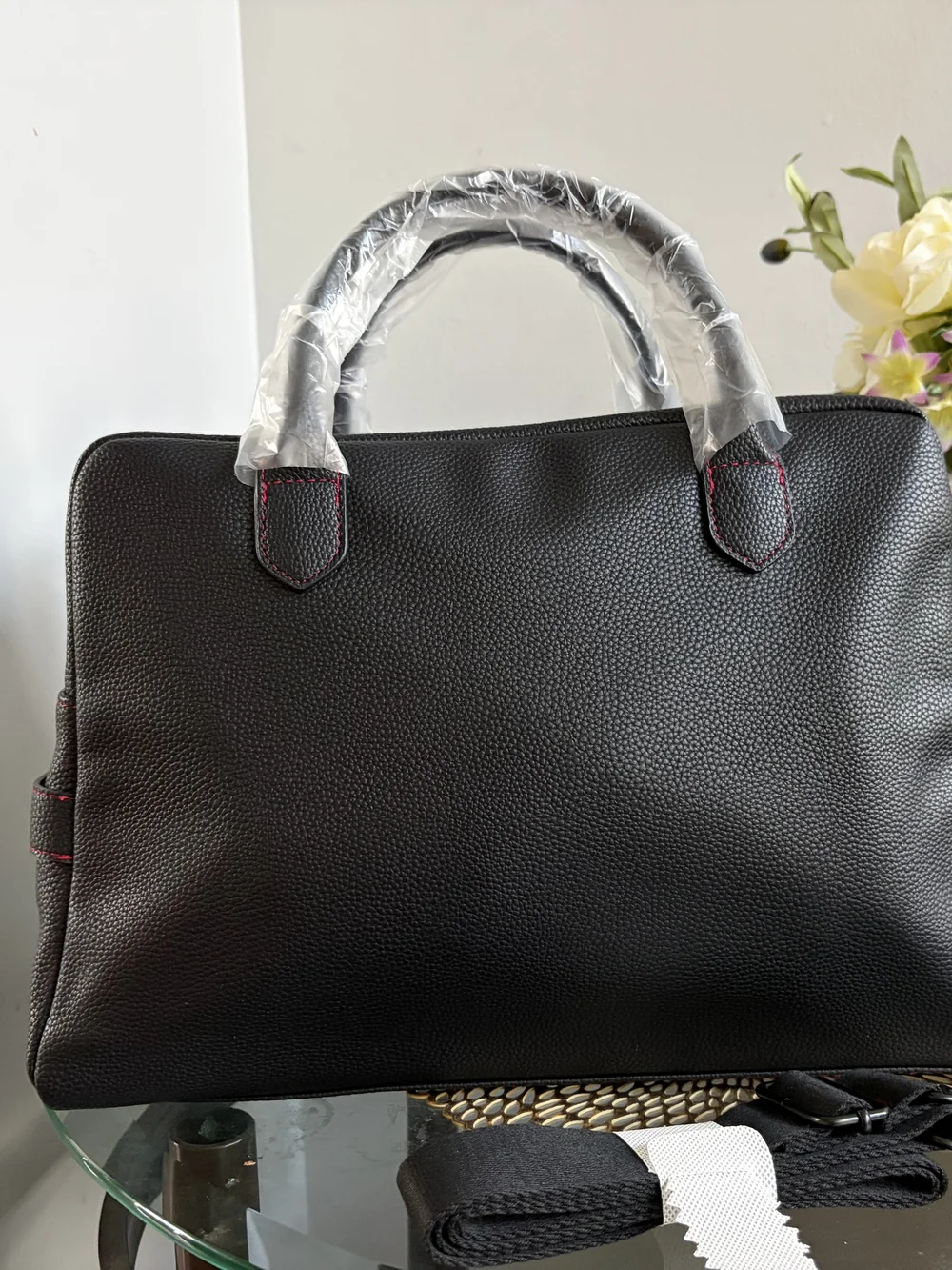 Ralph Lauren Black Leather Messenger with Red Logo Accent